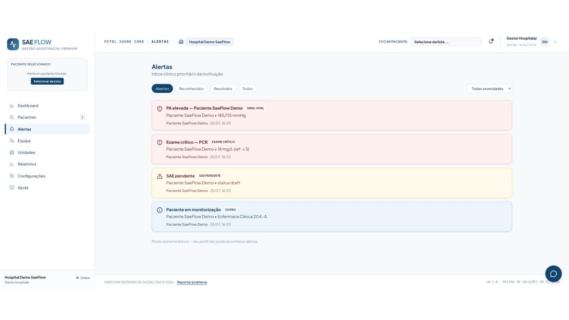 Pitol Saúde — inbox clínico de alertas prioritários da instituição