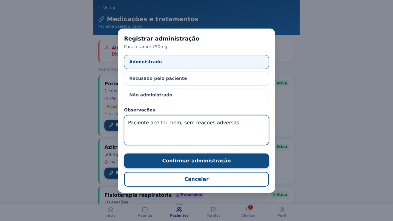 Pitol Saúde — enfermagem registrando a administração de um medicamento