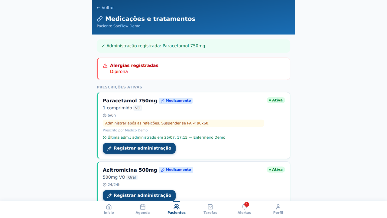 Pitol Saúde — confirmação da administração com autor e horário no prontuário