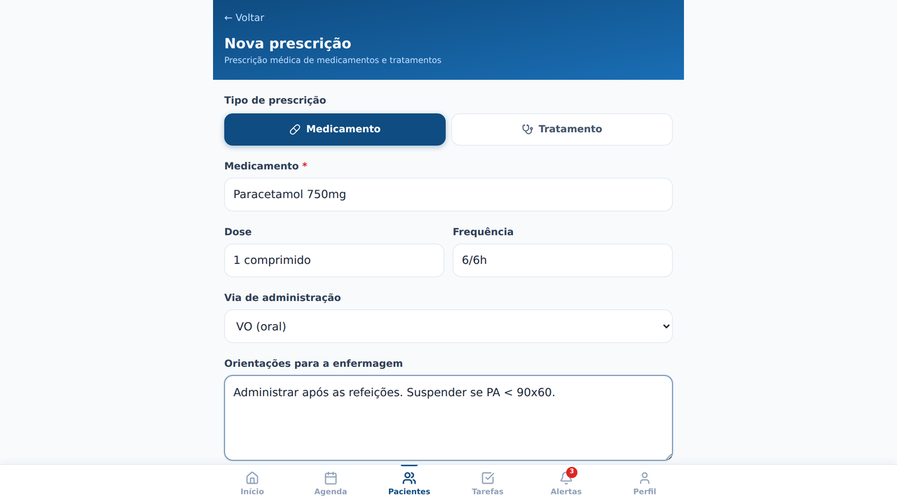 Pitol Saúde — médico prescrevendo medicamento com dose, via e orientações para a enfermagem