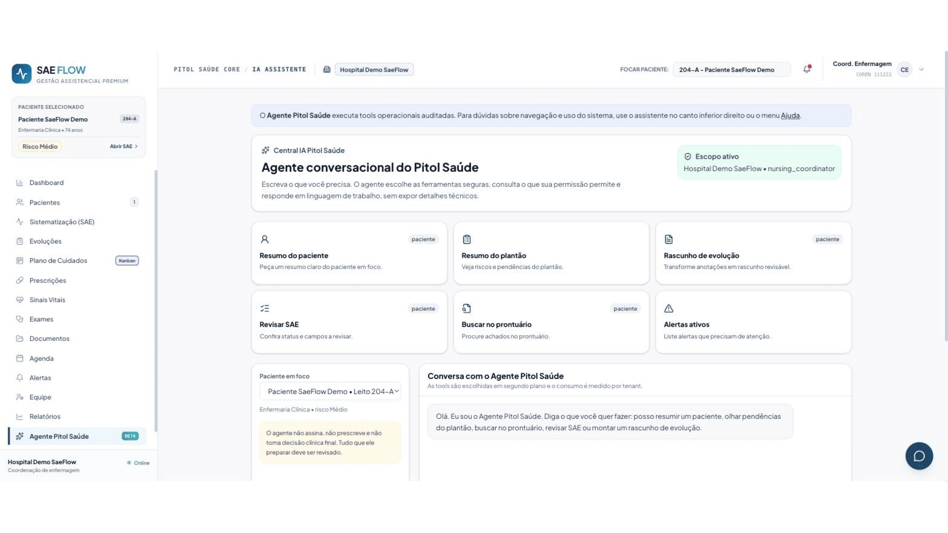 Pitol Saúde — agente de IA que resume pacientes, plantões e pendências