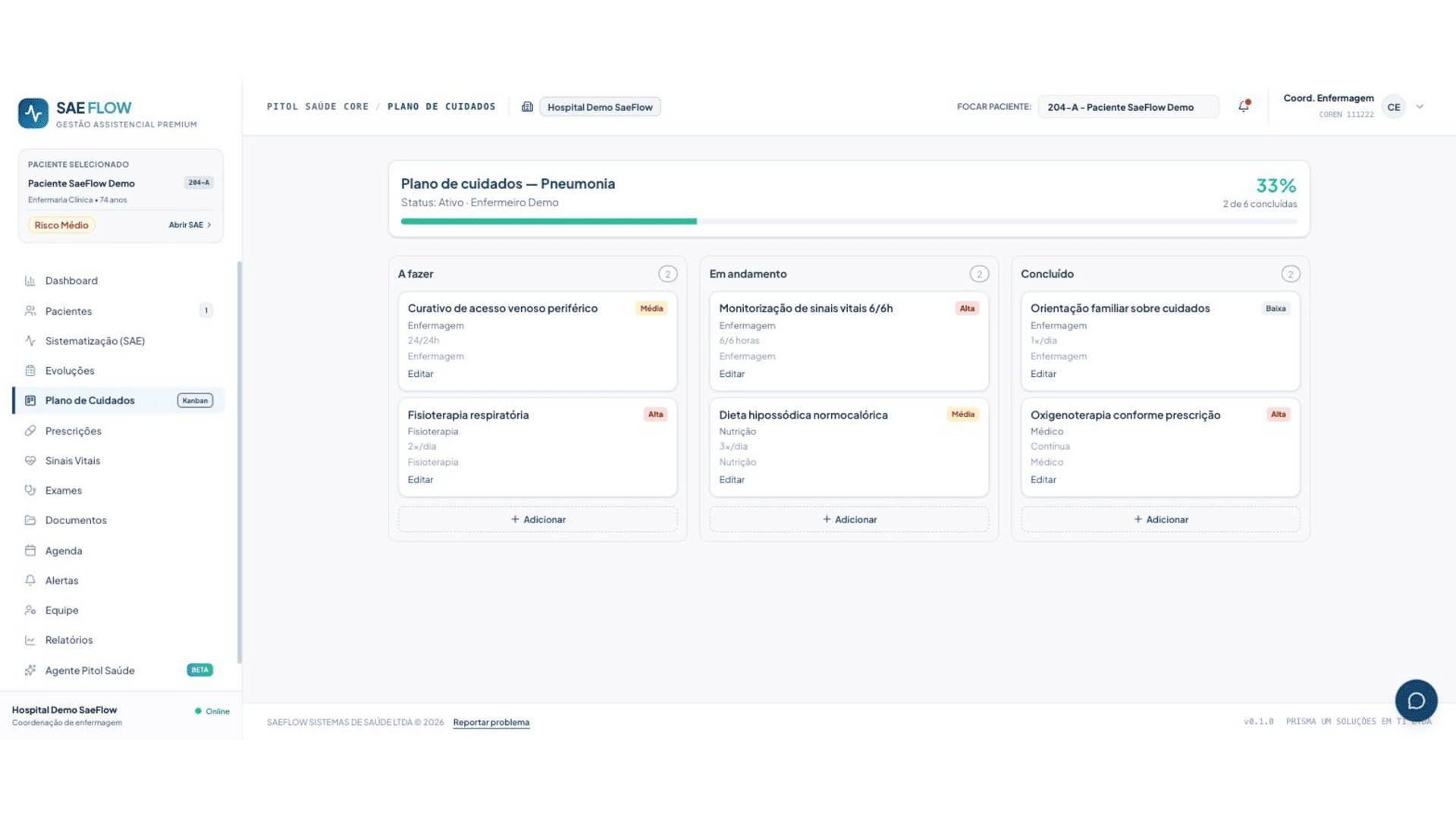Pitol Saúde — plano de cuidados em Kanban (a fazer, em andamento, concluído)