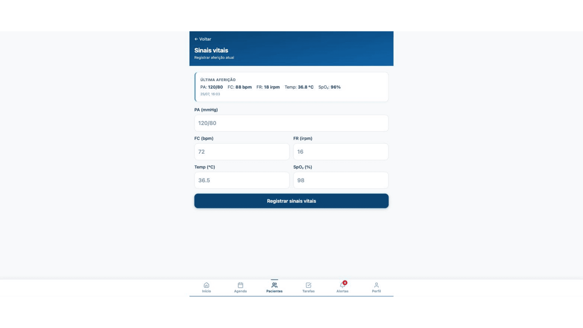 Pitol Saúde Pro — registro de sinais vitais à beira-leito
