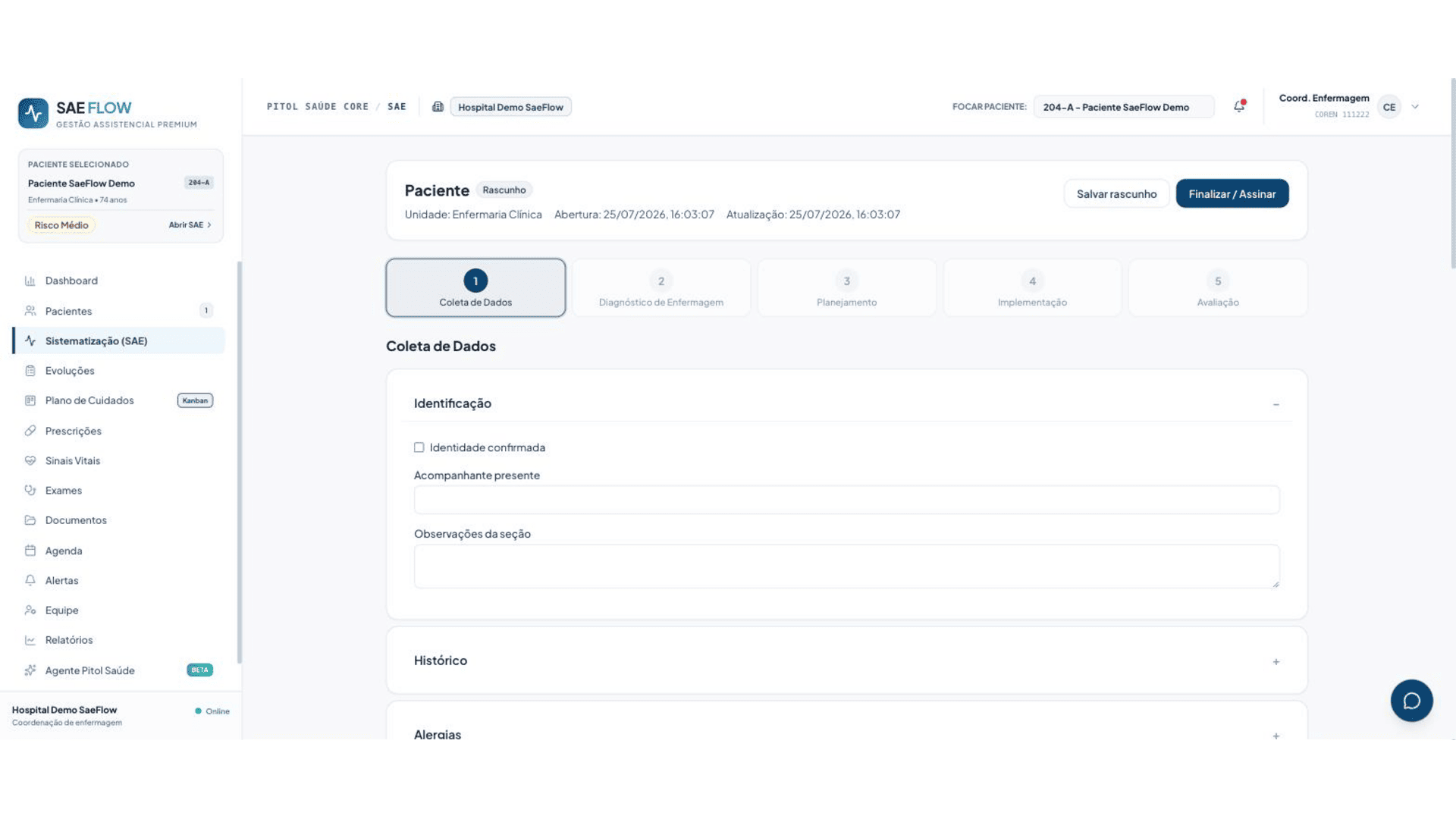 Pitol Saúde — Sistematização da Assistência de Enfermagem (SAE) em 5 etapas
